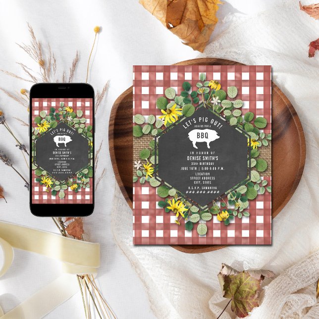 Red Gingham Pig Burlap Floral Birthday Grillen Einladung (Von Creator hochgeladen)