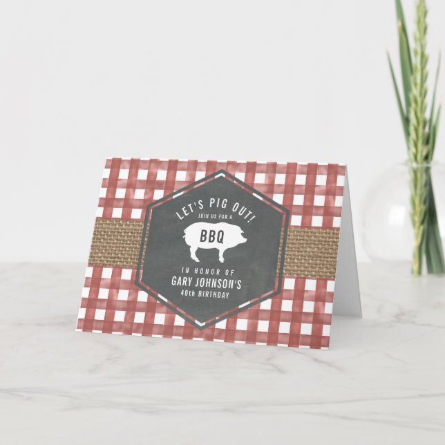 Red Gingham Pig Burlap Grillen Einladung (Vorderseite)