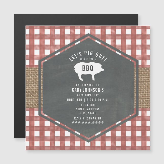 Red Gingham Pig Burlap Grillen Magneteinladung (Vorne/Hinten)
