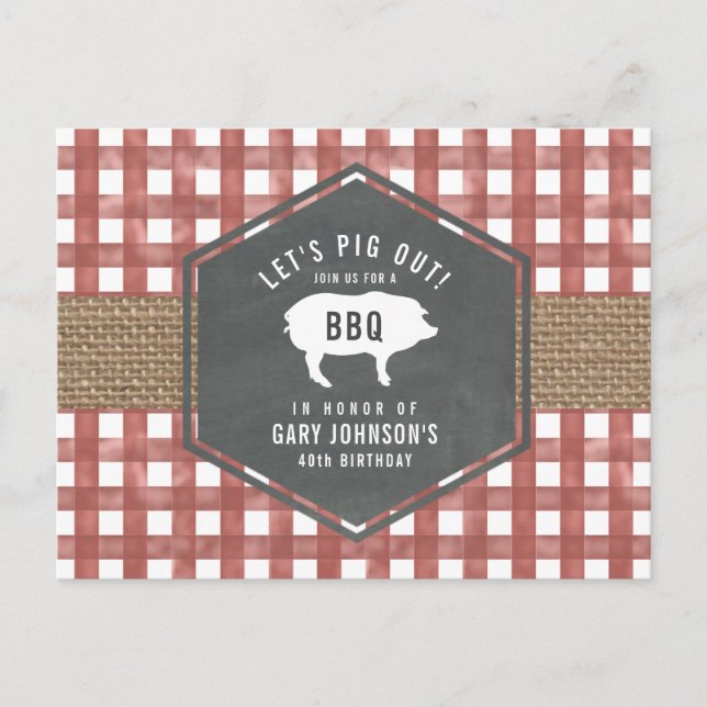 Red Gingham Pig Burlap Grillen Postkarte (Vorderseite)