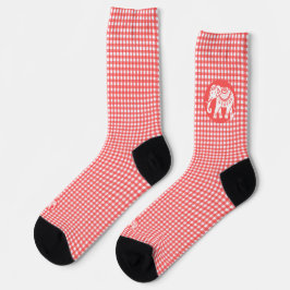 Red Gingham Plaid with White Elephant Socken