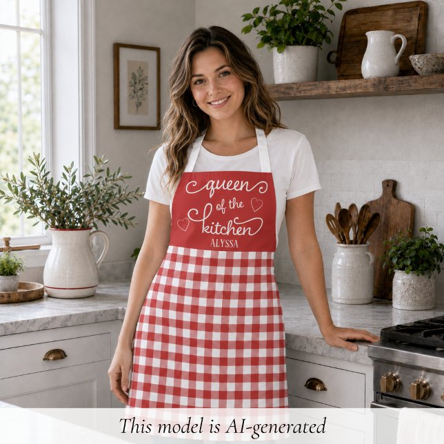 Red Gingham Queen of the Kitchen Schürze (cute red gingham queen of the kitchen apron with custom monogram name)