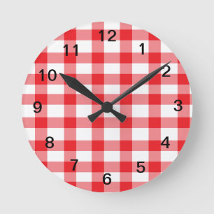 Red Gingham Runde Wanduhr