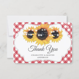 Red Gingham Rustic Sunflower Wedding Dankeskarte