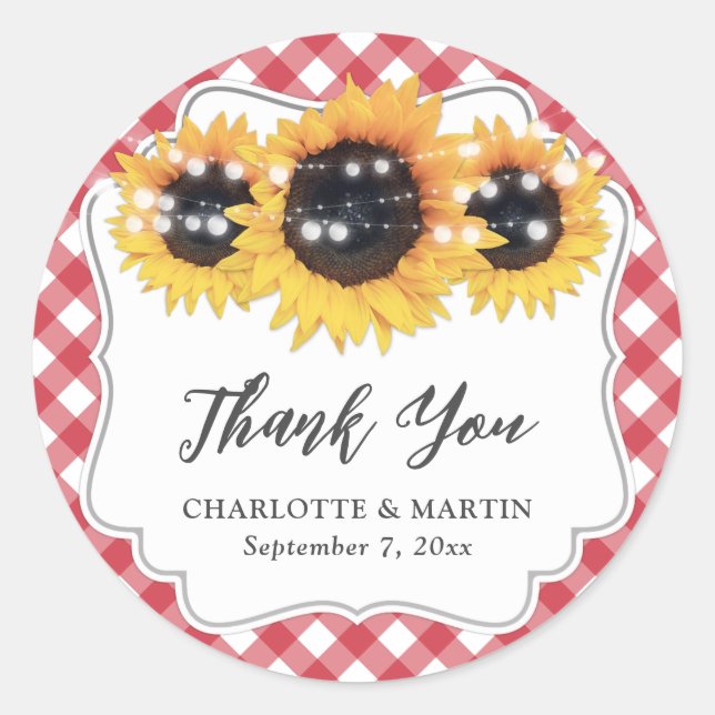 Red Gingham Rustic Sunflower Wedding Vielen Dank Runder Aufkleber (Vorderseite)