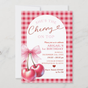Red Gingham She's Cherry on Top Girl Birthday Bow Einladung