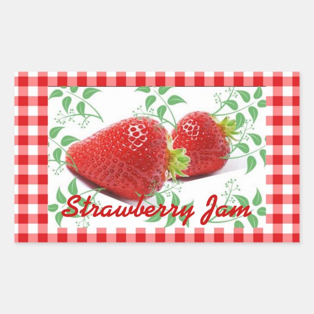 Red Gingham Strawberry-Marmelade Rechteckiger Aufkleber (Vorderseite)