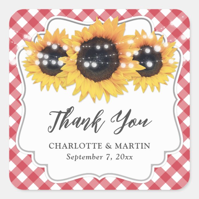 Red Gingham Sunflower Wedding Vielen Dank Quadratischer Aufkleber (Vorderseite)
