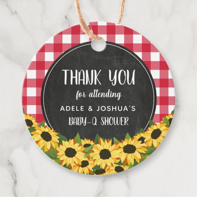 Red Gingham & Sunflowers Baby-Q Dusche Vielen Dank Geschenkanhänger (Vorderseite)