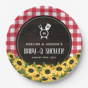 Red Gingham & Sunflowers Rustic Baby-Q Dusche Pappteller