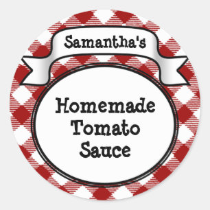 Red Gingham Tomato Sauce oder Recipe Jar/Lid Label Runder Aufkleber