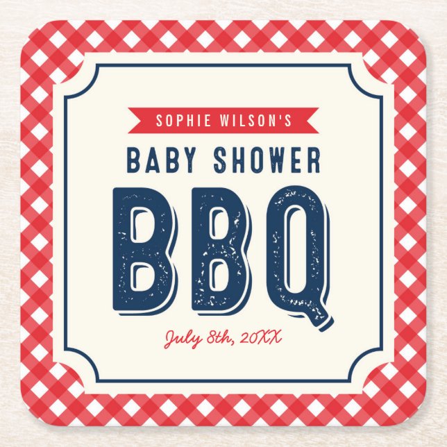 Red Gingham und Blue Baby Showdusche GRILLEN Party Rechteckiger Pappuntersetzer (Vorderseite)
