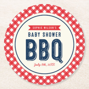 Red Gingham und Blue Baby Showdusche GRILLEN Party Runder Pappuntersetzer