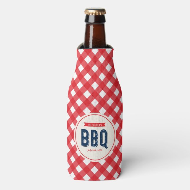 Red Gingham und Blue GRILLEN Party Flaschenkühler (Flaschenvorderseite)