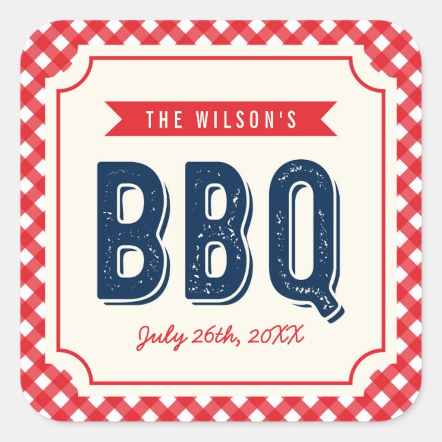 Red Gingham und Blue Summer GRILLEN Quadratischer Aufkleber (Vorderseite)