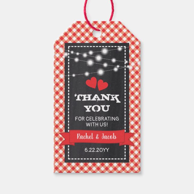 Red Gingham und Lights Chalkboard Engagement Party Geschenkanhänger (Vorderseite)