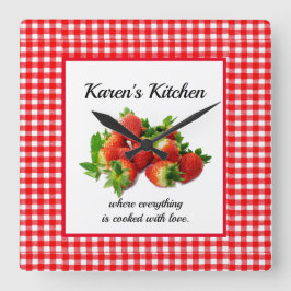 Red Gingham und Strawberries Wall Clock Quadratische Wanduhr