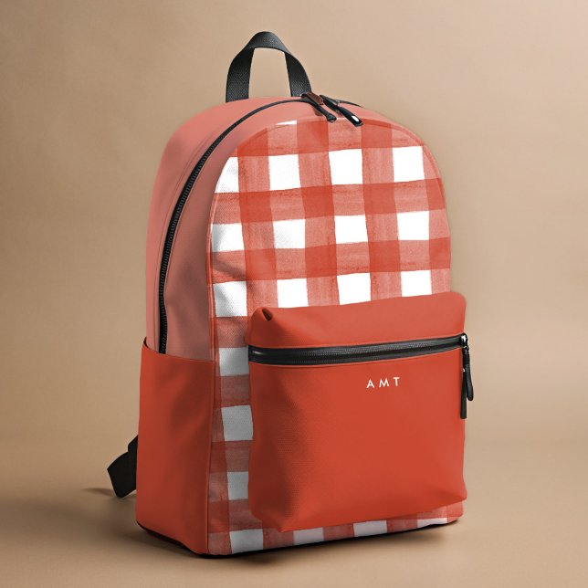 Red Gingham Watercolor Personalisiert Name Initial Bedruckter Rucksack (Red and white watercolor gingham personalized school backpack.)