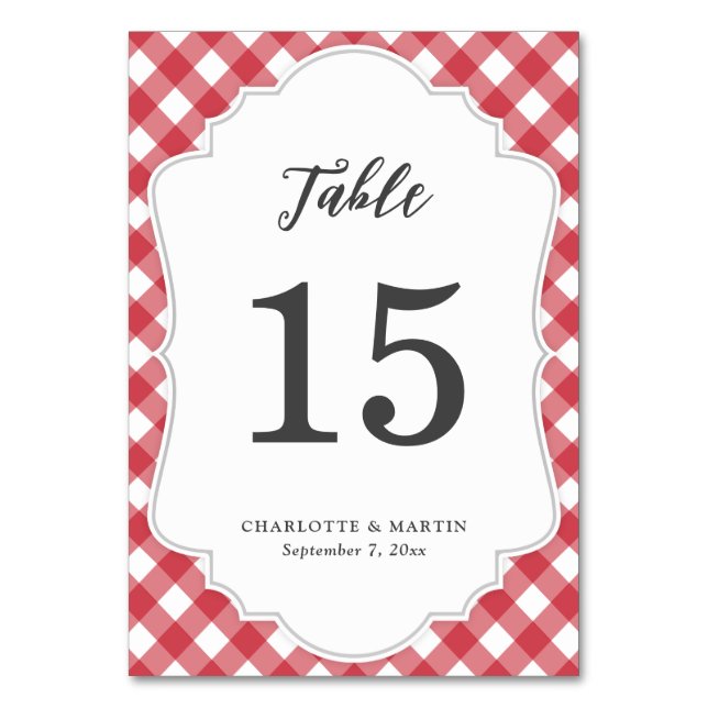 Red Gingham Wedding Tischnummer Card (Vorderseite)