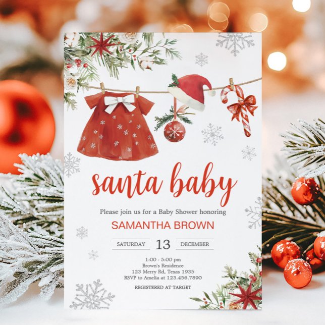 Red Girl Santa Christmas Baby Dusche Einladung (Santa Baby Clothesline Baby Shower Invitation)