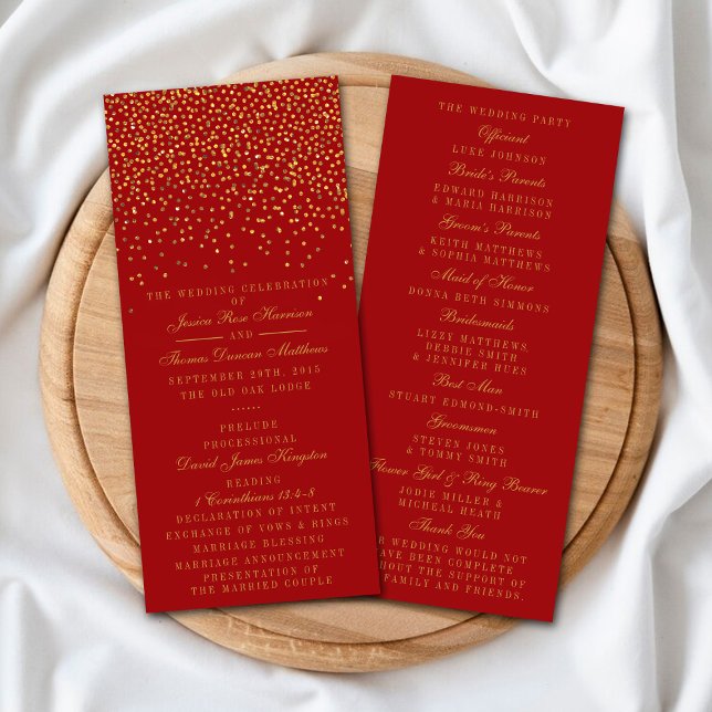 Red & Glam Gold Confetti Programme de mariage (Créateur téléchargé)