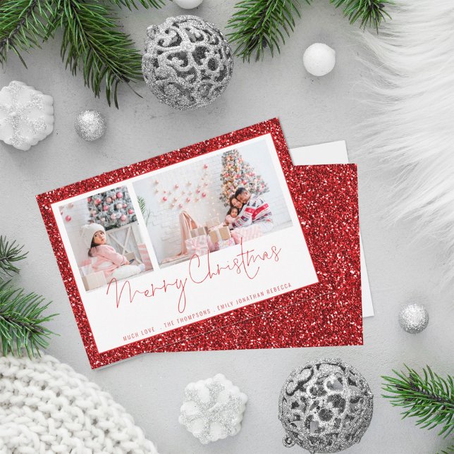 Red Glitter 2 Photo Script Merry Christmas Card (Von Creator hochgeladen)