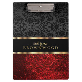 Red Glitter and Black Damask Klemmbrett