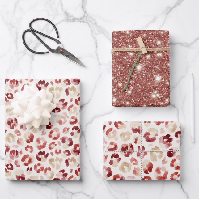 Red Glitter Cream Leopard Animal Print Birthday Geschenkpapier Set (Vorderseite)