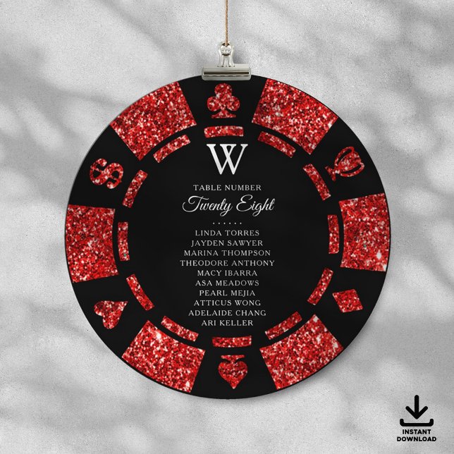 Red Glitter Monogram Poker Chip Casino Wedding Einladung (Von Creator hochgeladen)