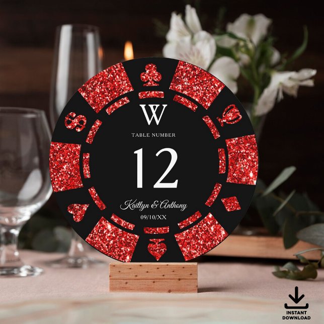 Red Glitter Monogram Poker Chip Casino Wedding Einladung (Von Creator hochgeladen)