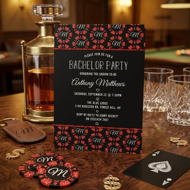 Red Glitter Poker Chip Las Vegas Bachelor Party Einladung (Von Creator hochgeladen)