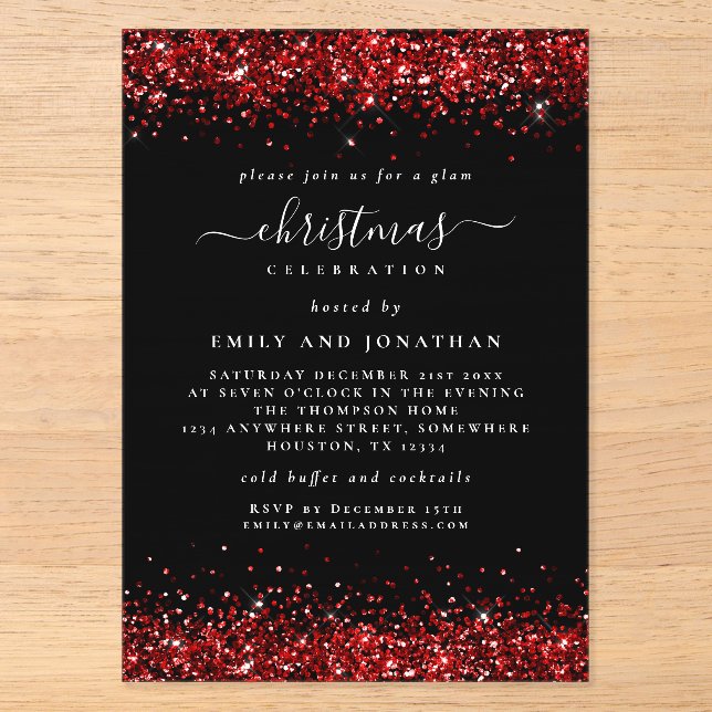 Red Glitzer Border Christmas Black Acrylic Acryleinladungen (Vorderseite)
