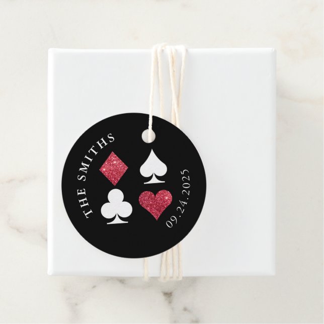 Red Glitzer Card Anzug Hochzeitdatum und -name Geschenkanhänger (Beispiel)