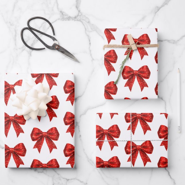 Red Glitzer Coquette Bow Weihnachten Geschenkpapier Set (Vorderseite)