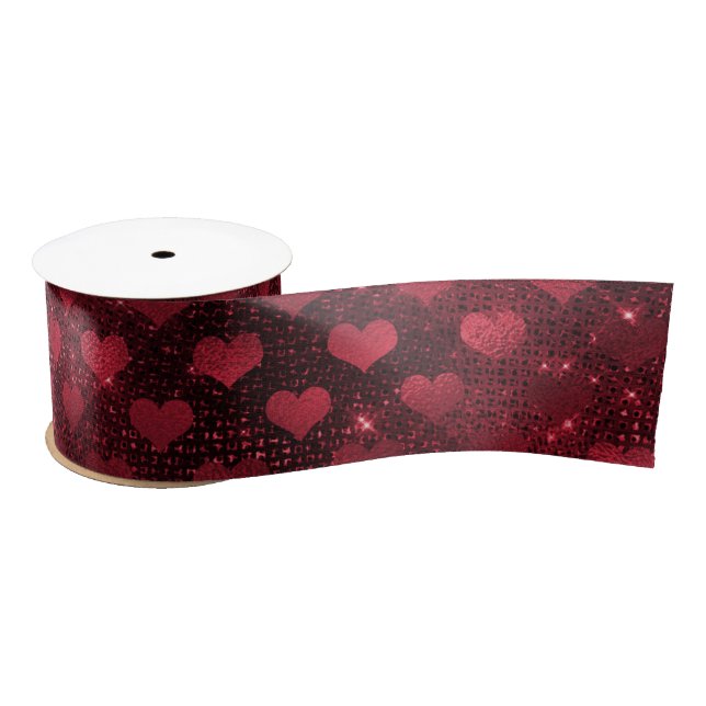 Red Glitzer Glam Hearts Pattern Satinband (Spule)