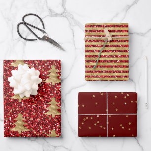 Red Glitzer Glitzy Gold Weihnachtsbäume Geschenkpapier Set