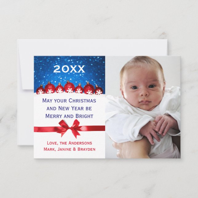 Red Glitzer Ornaments & Bow - 3x5 Weihnachtskarte Einladung (Vorderseite)