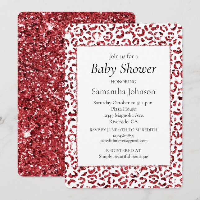 Red Glitzer Sparkle Leopard Print Einladung (Vorne/Hinten)