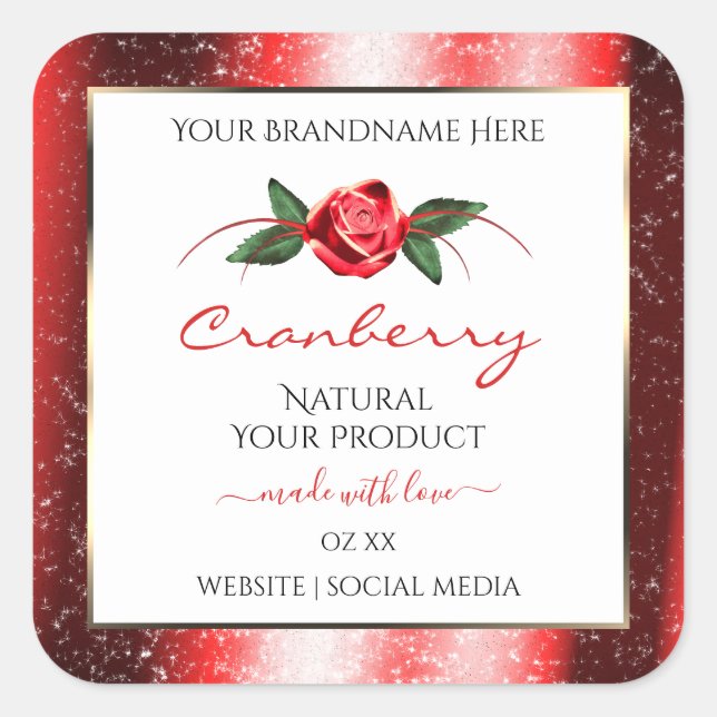 Red Glitzer Stars White Product Labels Rose Blume Quadratischer Aufkleber (Vorderseite)