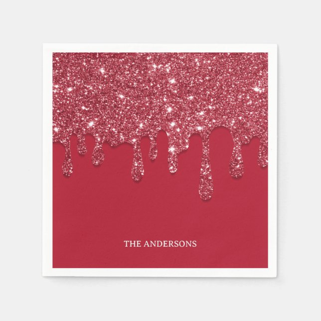Red Glitzer Tropfen Holiday Name Paper Serviette (Vorderseite)