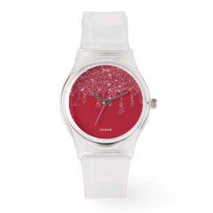 Red Glitzer Tropfen Individuelle Name Armbanduhr