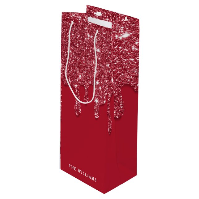 Red Glitzer Tropfen Individuelle Name Geschenktüte Für Weinflaschen (Vorderseite Schrägansicht)