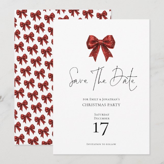 Red Glitzern Coquette Bow Weihnachten Save the Dat Einladung (Vorne/Hinten)