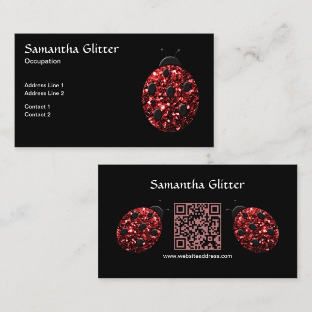 Red Glitzern Ladybug Custom QR Code Black Visitenkarte (Vorne/Hinten)