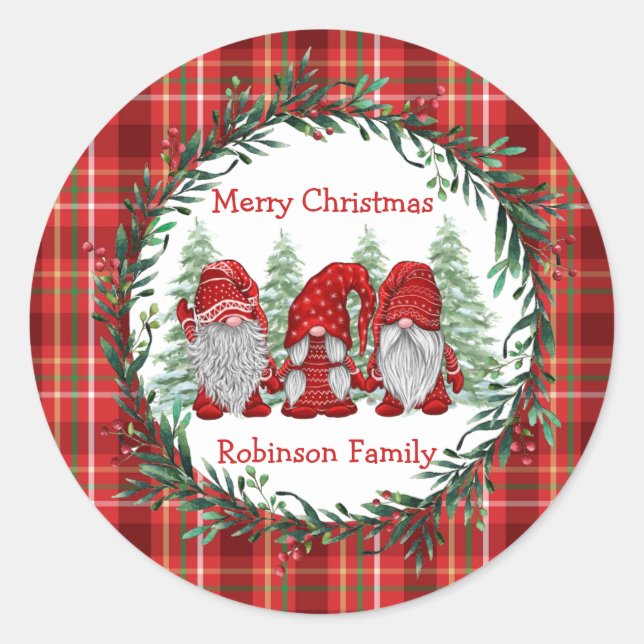 Red Gnomes Christmas Holly Berry Wreath Runder Aufkleber (Vorderseite)
