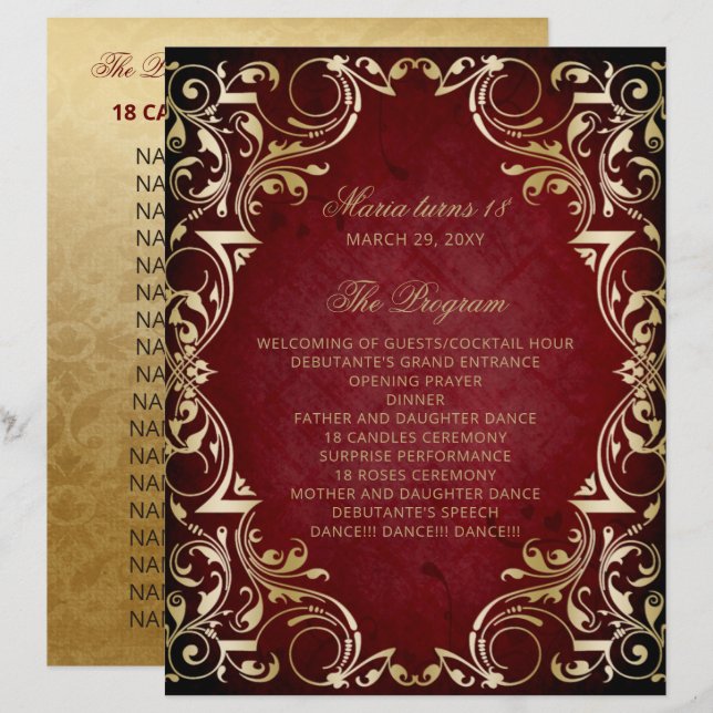 Red Gold 18 Kerzen und Rose Zeremonie Programm (Vorne/Hinten)