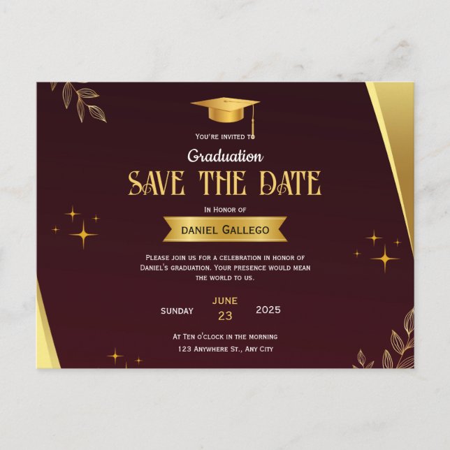 Red Gold Abschluss Save the Date Postkarte (Vorderseite)