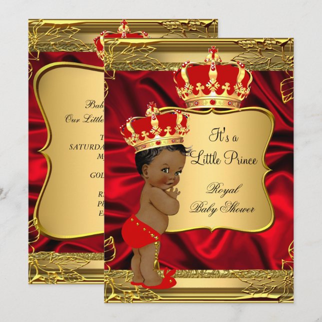 Red Gold African American Prince Baby Dusche Einladung (Vorne/Hinten)