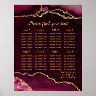 Red Gold Agate Wedding Seating Chart 8 Table Poster