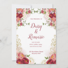 Red Gold Aquarell Blütenfarbe Save the Date Einladung